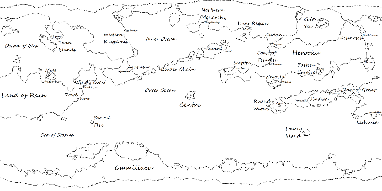 A simple map depicting the regions of Grundet with names.