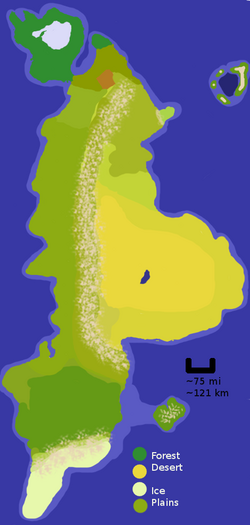 The continent Wytn on the planet Ŵadin.  The land's widest horizontal is about 800 miles.